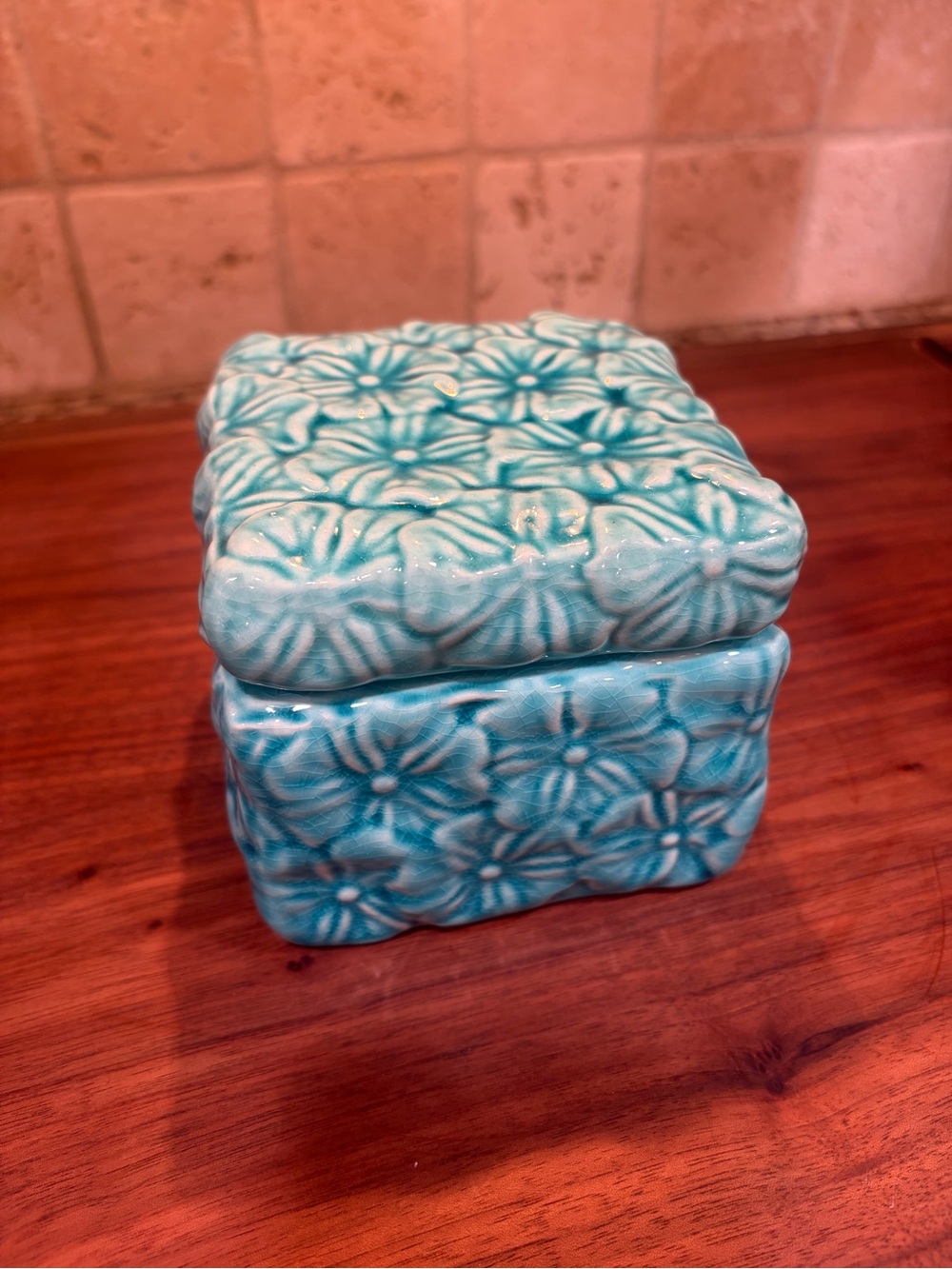 Turquoise Floral Ceramic Trinket Box